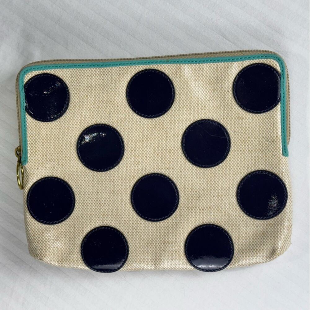 Fossil Navy Patent Polka Dot Tan Coated Canvas Clutch Padded Tablet Case Pouch